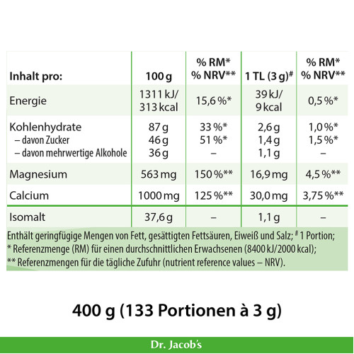 Dr. Jacob's SteviaBase Zuckerersatz Erythrit Xylit Stevia, 400 g, Dr. Jacob's Medical GmbH