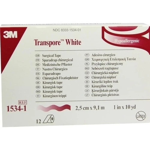 TRANSPORE White 2.5 cm x 9.1m Rollenpflaster, 12 Stk., Solventum Germany GmbH