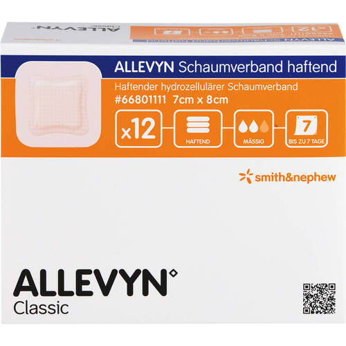 ALLEVYN Schaumverband 7x8cm haftend, 12 Stk., Aca M&uuml;ller/Adag Pharma AG