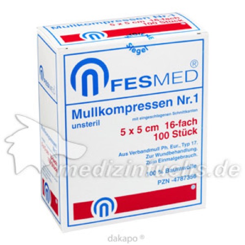 MULLKOMPRESSE GR1 UNSTERIL 5X5CM ES 16F, 100 Stk., Fesmed Verbandmittel GmbH