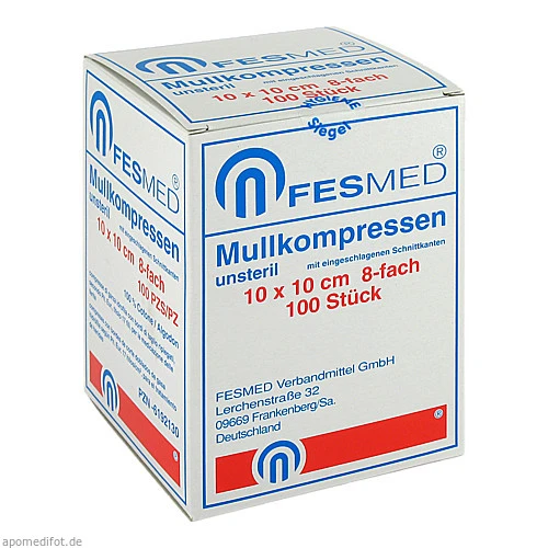MULLKOMPRESSEN UNSTERIL 10X10 ES 8F, 100 Stk., Fesmed Verbandmittel GmbH