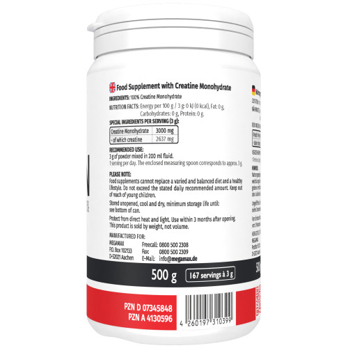 Kreatin Monohydrat 100% MEGAMAX, 500 g, Megamax B.V.