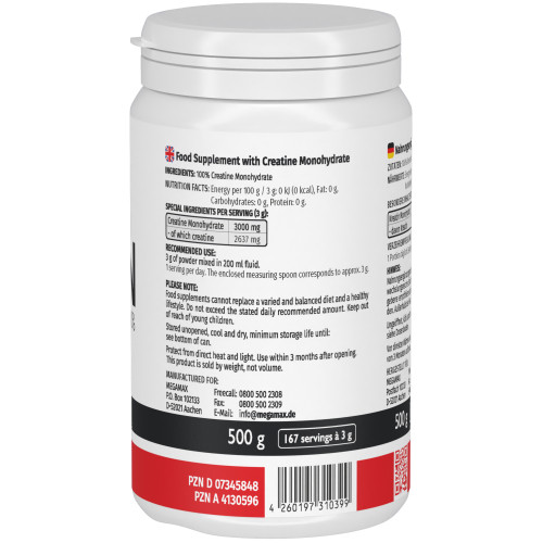 Kreatin Monohydrat 100% MEGAMAX, 500 g, Megamax B.V.
