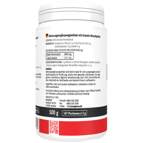 Kreatin Monohydrat 100% MEGAMAX, 500 g, Megamax B.V.