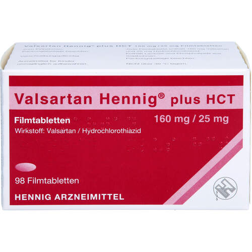 Valsartan Hennig plus HCT 160mg/25mg Filmtabl., 98 Stk., Hennig Arzneimittel GmbH & Co. KG Valsartan Hennig plus HCT 160mg/25mg Filmtabl., 98 Stk., Hennig Arzneimittel GmbH & Co. KG