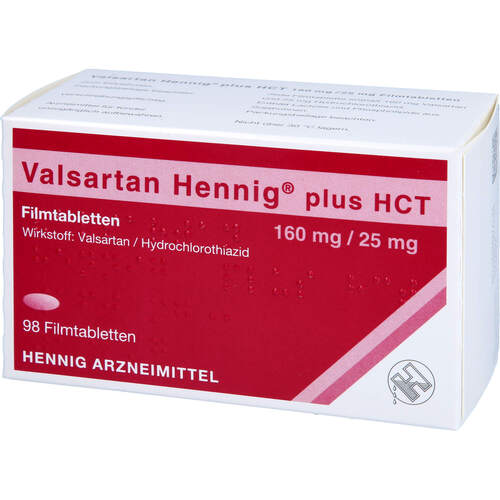 Valsartan Hennig plus HCT 160mg/25mg Filmtabl., 98 Stk., Hennig Arzneimittel GmbH & Co. KG Valsartan Hennig plus HCT 160mg/25mg Filmtabl., 98 Stk., Hennig Arzneimittel GmbH & Co. KG