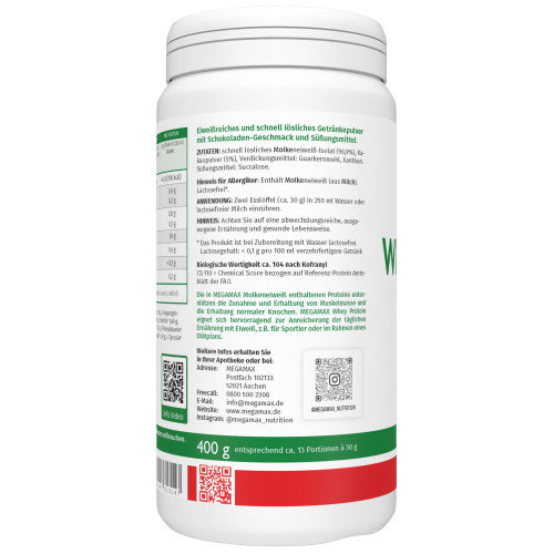 WheyProtein Lactosefrei Schoko, 400 g, Megamax B.V.