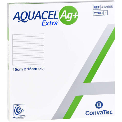 AQUACEL Ag+ Extra 15x15cm Kompressen, 5 Stk., Aca Müller/Adag Pharma AG