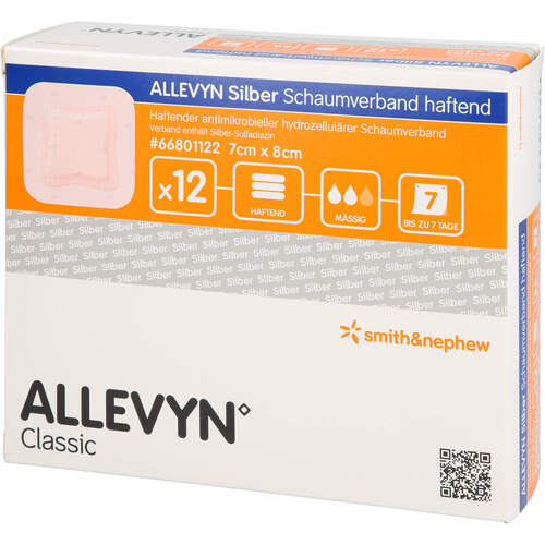 ALLEVYN Silber Schaumverb.7X8 cm haftend, 12 ST, B2b Medical GmbH