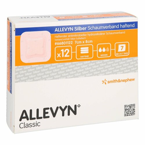 ALLEVYN Silber Schaumverb.7X8 cm haftend, 12 ST, B2b Medical GmbH