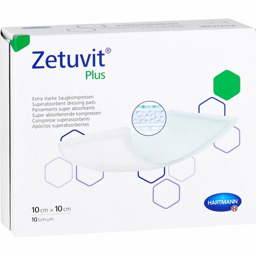 ZETUVIT Plus extrastarke Saugkompr.steril 10x10cm, 10 Stk., B2b Medical GmbH