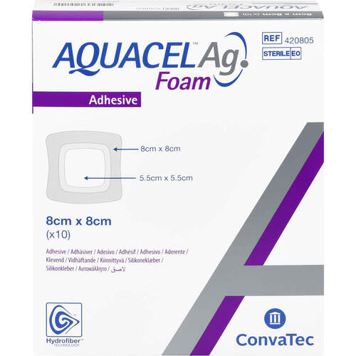 AQUACEL Ag Foam adh&auml;siv 8x8 cm Verband, 10 Stk., B2b Medical GmbH