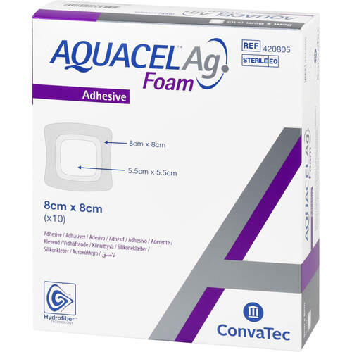 AQUACEL Ag Foam adh&auml;siv 8x8 cm Verband, 10 Stk., B2b Medical GmbH