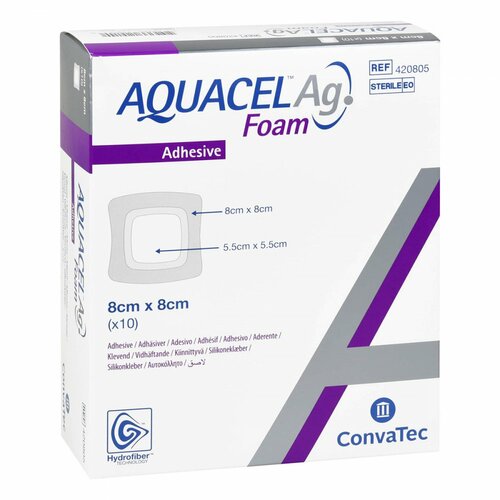 AQUACEL Ag Foam adh&auml;siv 8x8 cm Verband, 10 Stk., B2b Medical GmbH
