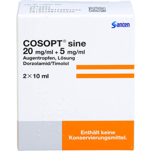 COSOPT sine 20mg/ml + 5mg/ml Augentropfen Lösung, 2x10 ml, Santen GmbH