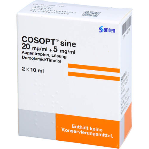 COSOPT sine 20mg/ml + 5mg/ml Augentropfen Lösung, 2x10 ml, Santen GmbH