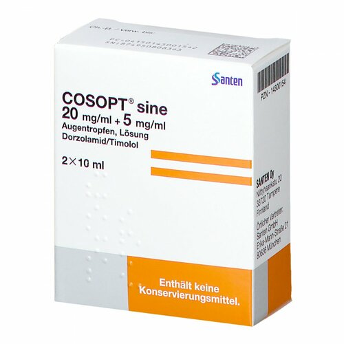 COSOPT sine 20mg/ml + 5mg/ml Augentropfen Lösung, 2x10 ml, Santen GmbH