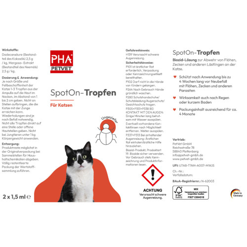 PHA Spot-onTropfen für Katzen, 2x1,5 ml, PetVet GmbH