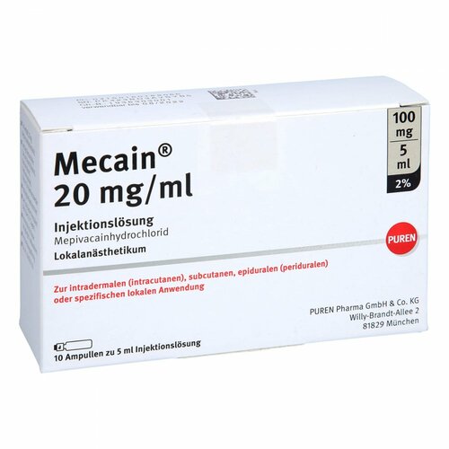 MECAIN 2% 20 mg/ml Inj.L.100mg/5ml Luer-Lock Amp., 10x5 ml, PUREN Pharma GmbH & Co. KG