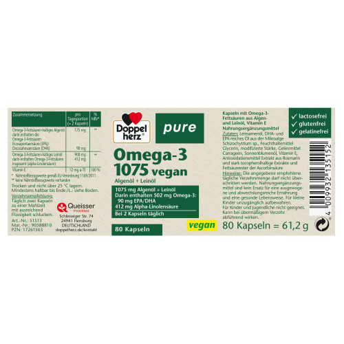 Doppelherz Omega-3 1075 vegan pure, 80 Stk., Queisser Pharma GmbH & Co. KG
