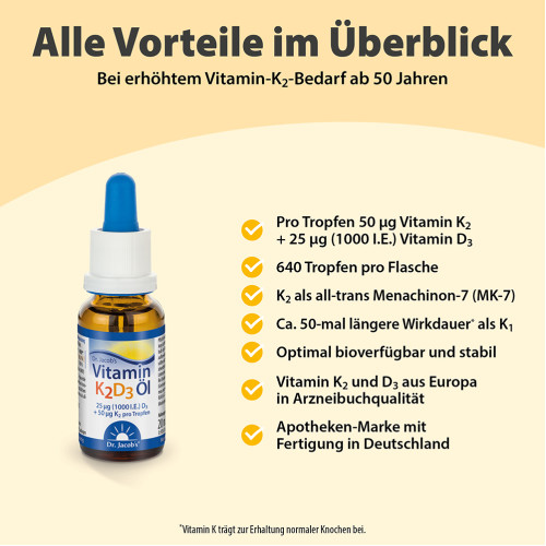 Dr. Jacob's Vitamin K2D3 &Ouml;l 1000 IE/50 mcg D3+K2 640 Tropfen, 20 ml, Dr. Jacob's Medical GmbH