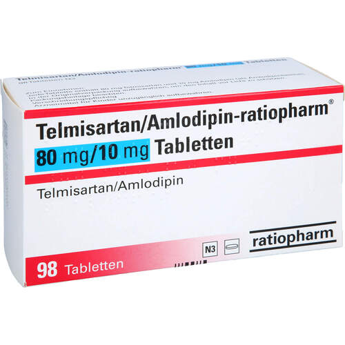 Telmisartan/Amlodipin-ratiopharm 80 mg/10 mg Table, 98 Stk., ratiopharm GmbH