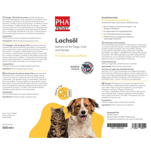 PHA Lachsöl für Hunde Katzen und Pferde, 500 ml, PetVet GmbH