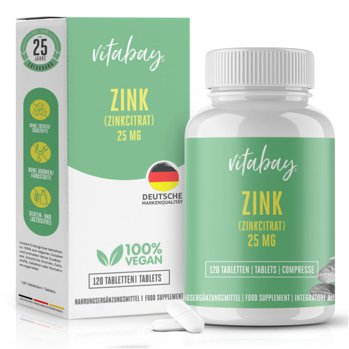 Zink 25 mg aus Zinkcitrat vegan hochdosiert, 120 Stk., Vitabay CV