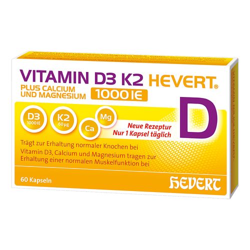 Vitamin D3 K2 Hevert+Calcium und Magnesium 1000 IE, 60 Stk., Hevert-Arzneimittel GmbH & Co. KG Vitamin D3 K2 Hevert+Calcium und Magnesium 1000 IE, 60 Stk., Hevert-Arzneimittel GmbH & Co. KG