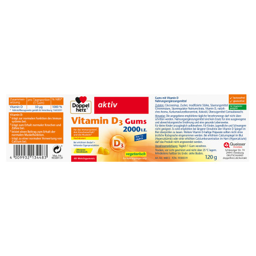 Doppelherz Vitamin D3 2000 I.E. Gums, 40 Stk., Queisser Pharma GmbH & Co. KG Doppelherz Vitamin D3 2000 I.E. Gums, 40 Stk., Queisser Pharma GmbH & Co. KG