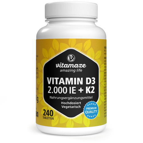 Vitamin D3 K2 2000 IE/100 ug hochdosiert, 240 Stk., Vitamaze GmbH