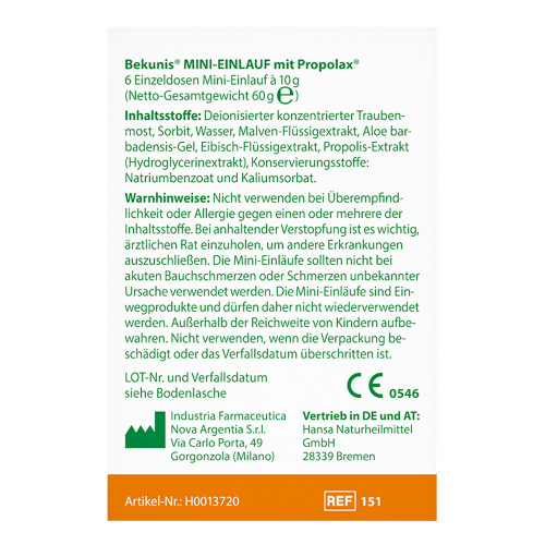 Bekunis Mini-Einlauf mit Propolax, 6 Stk., Hansa Naturheilmittel GmbH