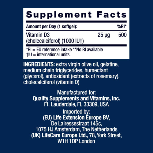 Vitamin D3 25 ug (1000 IE), 90 Stk., Life Extension Europe BV