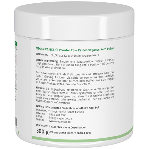 MCT-Öl Powder C8 - Reines veganes Keto Pulver, 300 g, Megamax B.V.