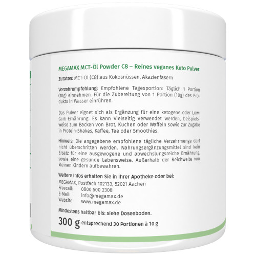 MCT-Öl Powder C8 - Reines veganes Keto Pulver, 300 g, Megamax B.V.