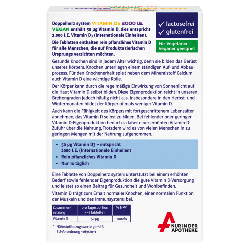 Doppelherz Vitamin D3 2000 I.E Vegan system, 120 Stk., Queisser Pharma GmbH & Co. KG Doppelherz Vitamin D3 2000 I.E Vegan system, 120 Stk., Queisser Pharma GmbH & Co. KG