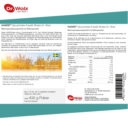 HAWEI Glucanhafer-Eiwei&szlig;-Shake Vanillegeschmack, 432 g, Dr. Wolz Zell GmbH