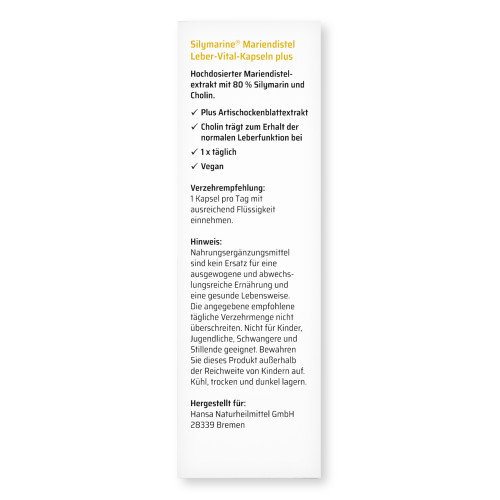 Silymarine Mariendistel Leber-Vital-Kapseln plus, 60 Stk., Hansa Naturheilmittel GmbH