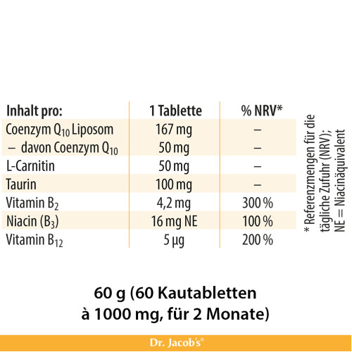 Coenzym Q10 Kautablette Taurin L-Carnitin Dr Jacob, 60 Stk., Dr. Jacob's Medical GmbH