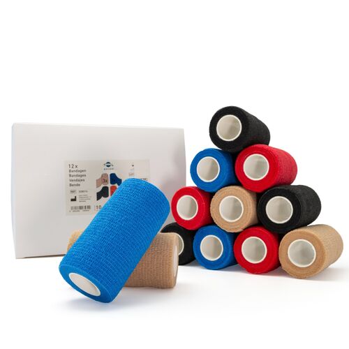 Haftbandage 10 cm Breite Mix-Set in 4 Farben, z.B. als Kniebandage, Armbandage, Oberschenkelbandage, 12 Stk., axion