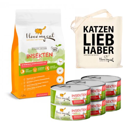 I love my cat Sparset Insektenprotein für Katzen - Trocken- und Nassfutter mit Insekten + Jutebeutel, 1,8 kg, I love my cat