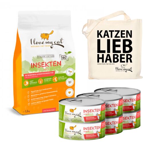 I love my cat Sparset Insektenprotein für Katzen - Trocken- und Nassfutter mit Insekten + Jutebeutel 1,8 kg Set, 1.8 KG, I love my cat