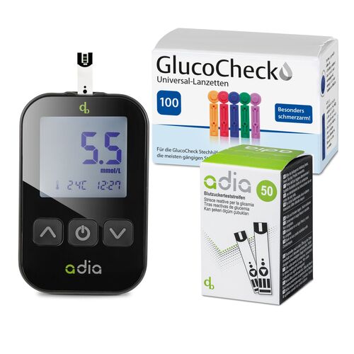 adia Blutzuckerteststreifen (60 Stück) mit Messgerät (mmol/L) und 110 Lanzetten als Komplett-Set, 1 Stk., diabetikerbedarf