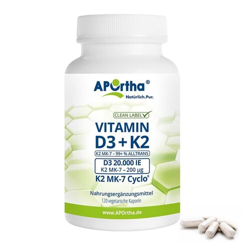 APOrtha® Vitamin D3 20.000 IE + K2 Mk-7 Cyclo® 200 µg 120 St Kapseln, 120 ST, APOrtha