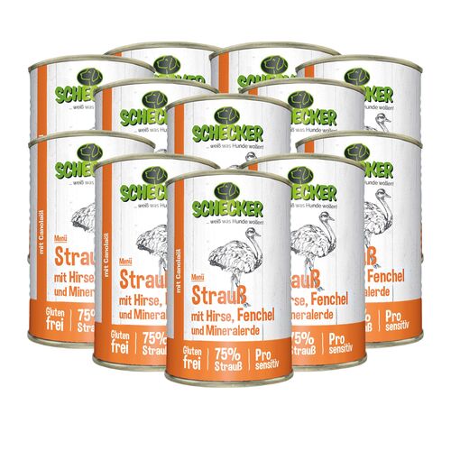 Schecker Hundemenü Nassfutter - 75% Strauß mit Hirse Fenchel und Mineralerde - glutenfrei, 12x410 g, Schecker