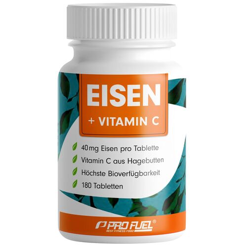 ProFuel - EISEN Tabletten mit natürlichem Vitamin C, ideal hochdosiert, 40mg Eisen & 40mg Vitamin C, 180 Stk., ProFuel