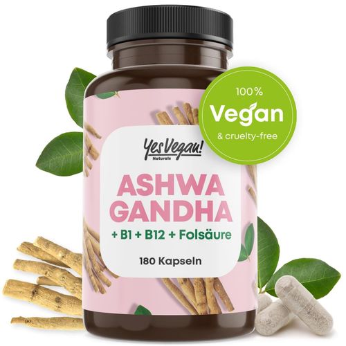 Ashwagandha Kapseln (180 Stück) hochdosiert mit hochdosiert, Vitamin B12 B1 B7 2x180 St, 360 stk, Yes Vegan