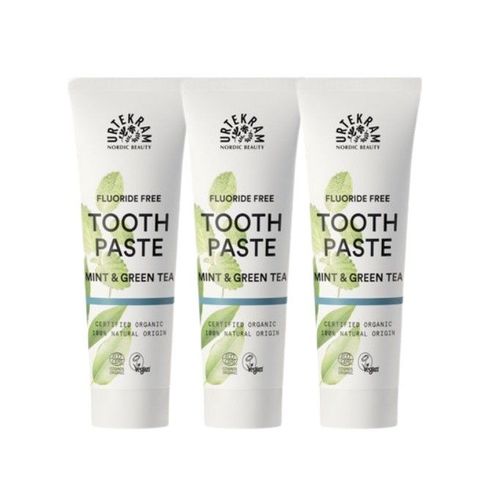 Urtekram Zahncreme Mint & Green Tea Zahnpasta Fluoridfrei 3x75 ml Tube, 225 ml, Urtekram