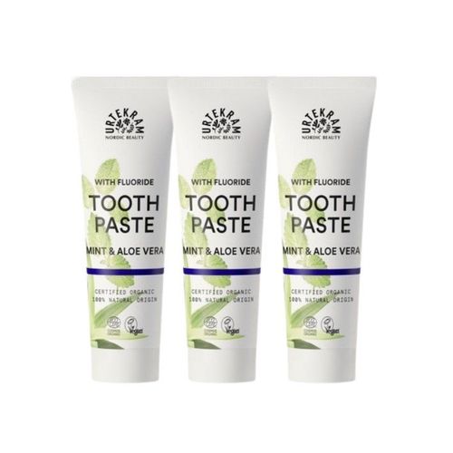 Urtekram Zahncreme Mint und Aloe Vera Zahnpasta mit Fluorid 3x75 ml Tube, 225 ml, Urtekram